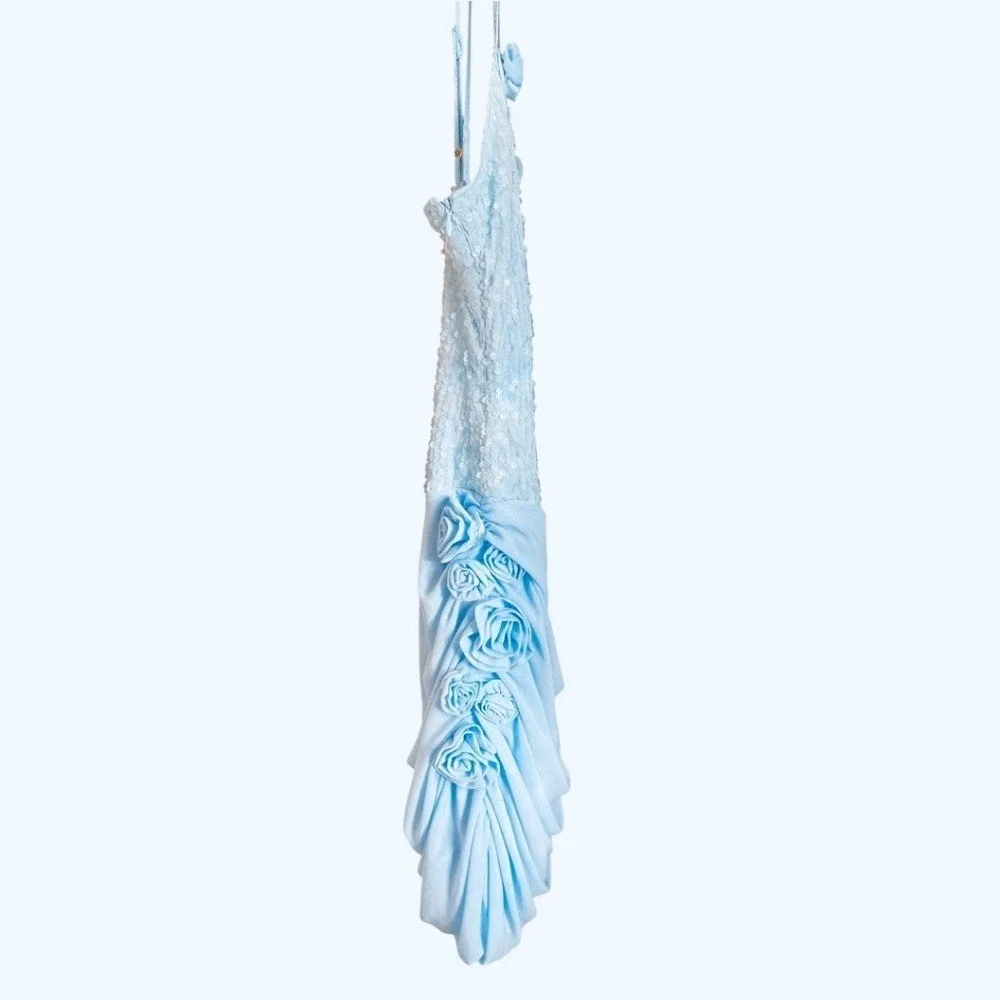Powder Blue Sequin Rosette Cocktail Dress NWT Ruched Draped‎ Size 4